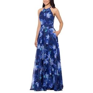 Betsy & Adam Blue Floral Halter Maxi Dress